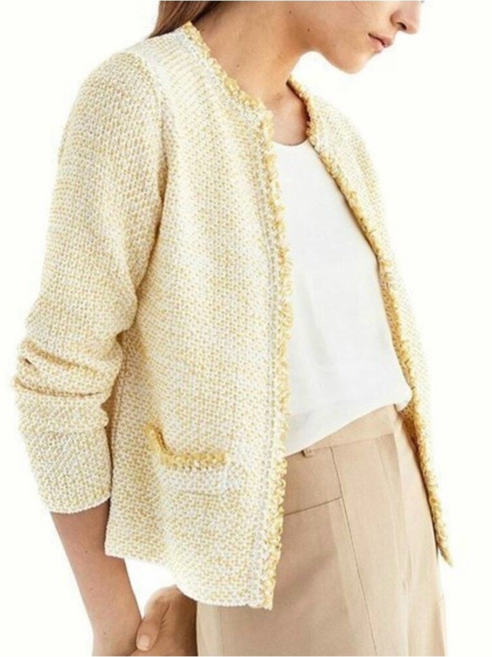 Massimo Dutti Yellow and White Bouclé Open-Front Jacket